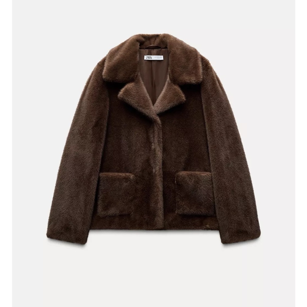Zara Chocolate Brown Short Fur Coat Jacket